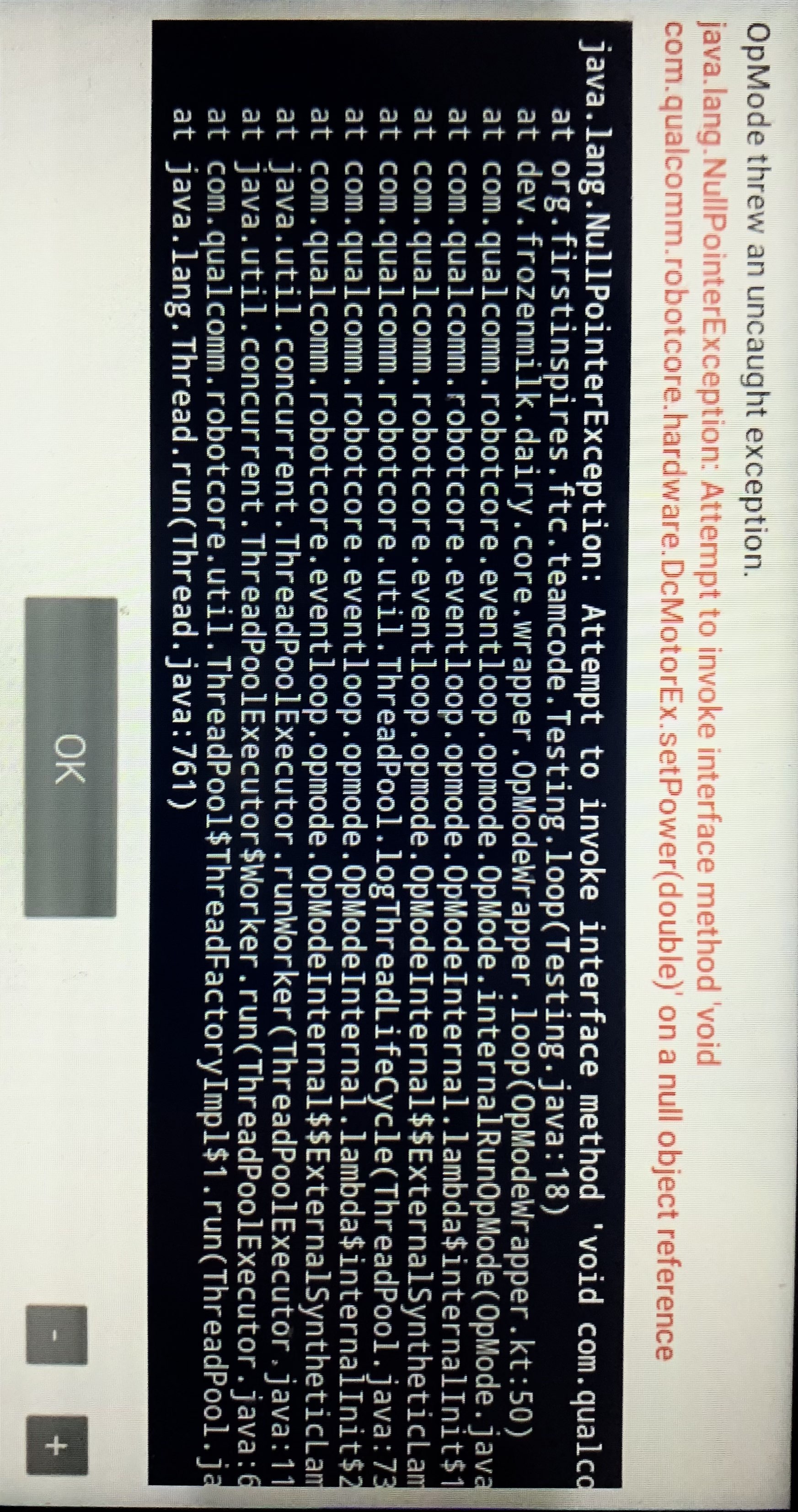 A stacktrace of the Driver Station with a NPE.