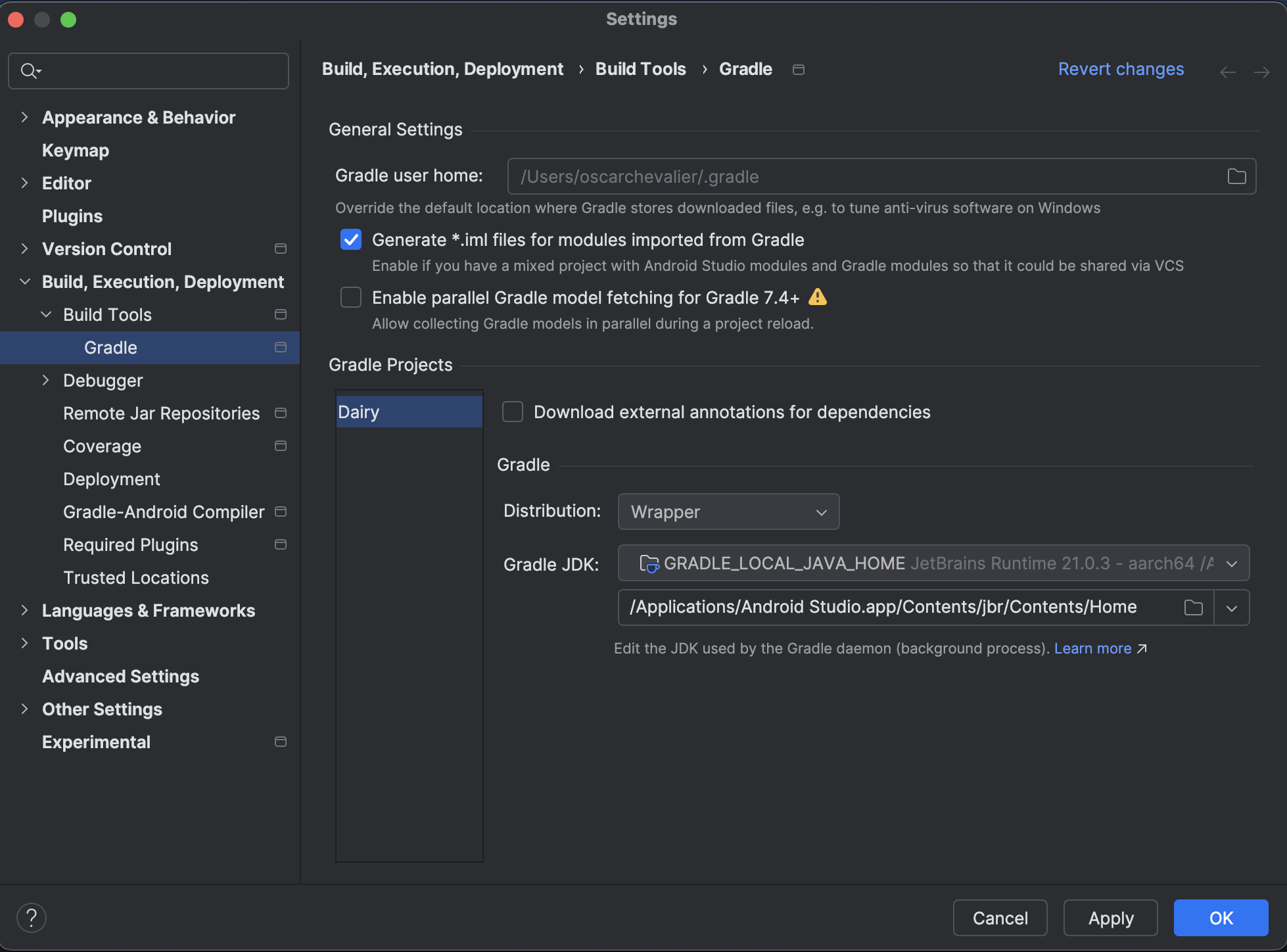 Android Studio Gradle settings menu